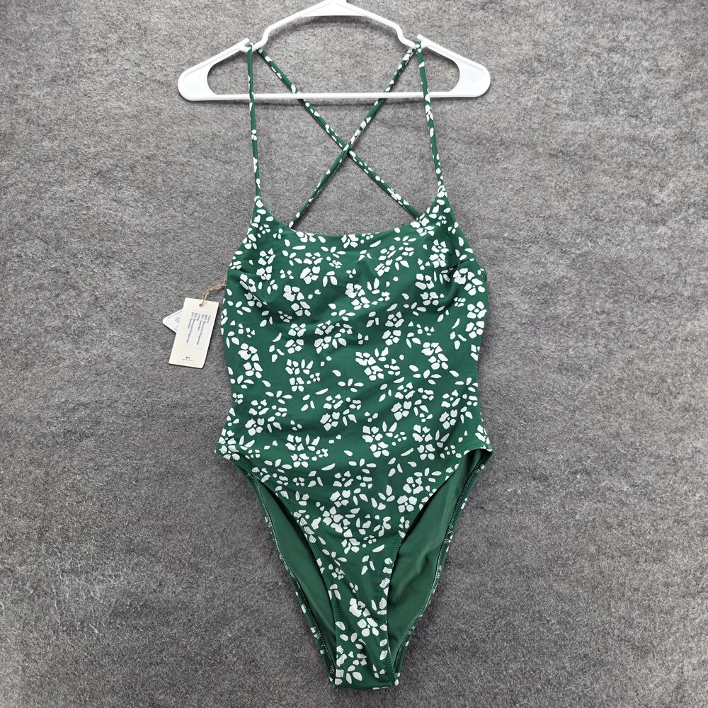 Rihoas Swimsuit Womens Small Green White Floral One Piece Crisscross Lace Up